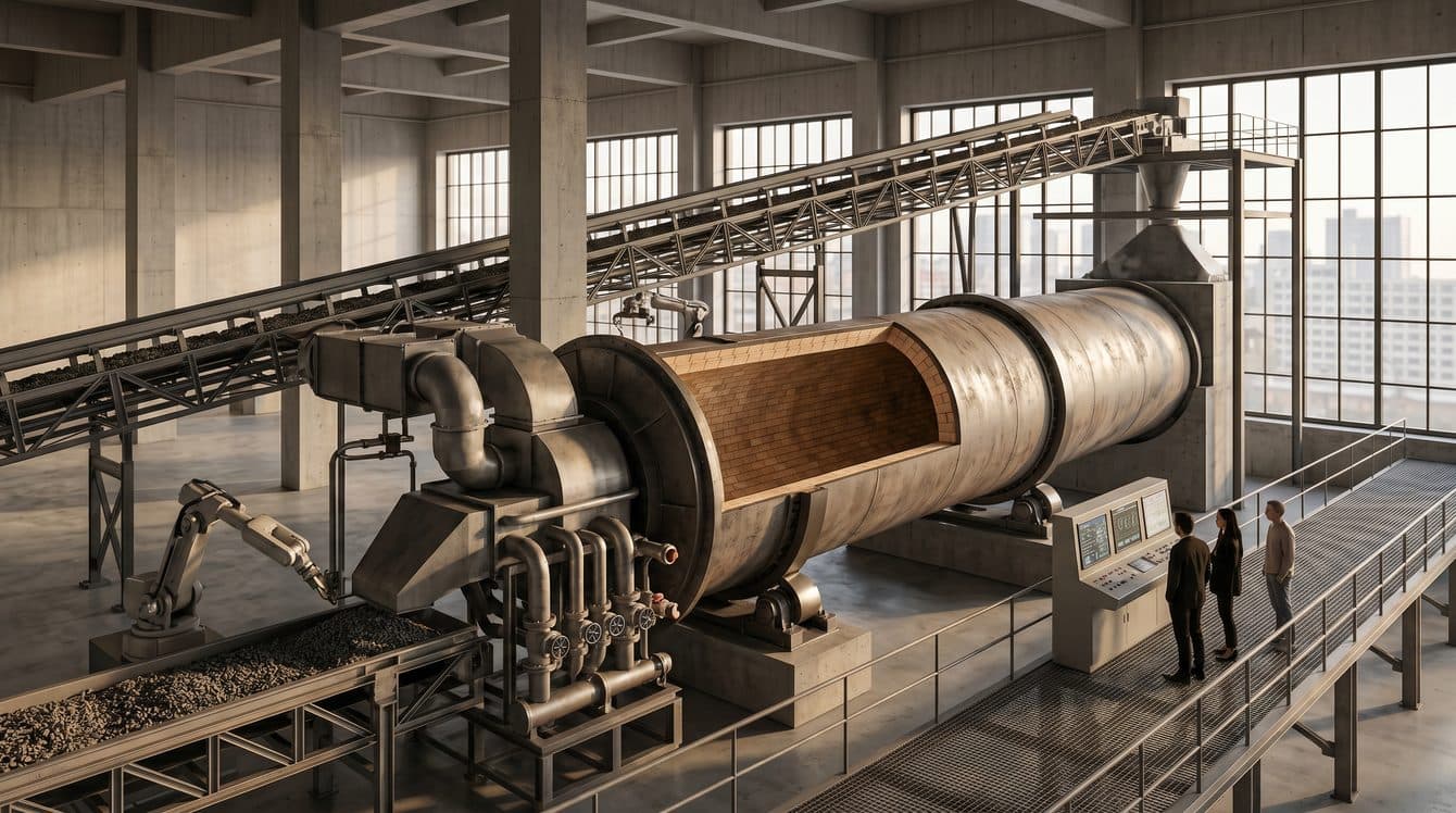 Rotary cement kiln in operation