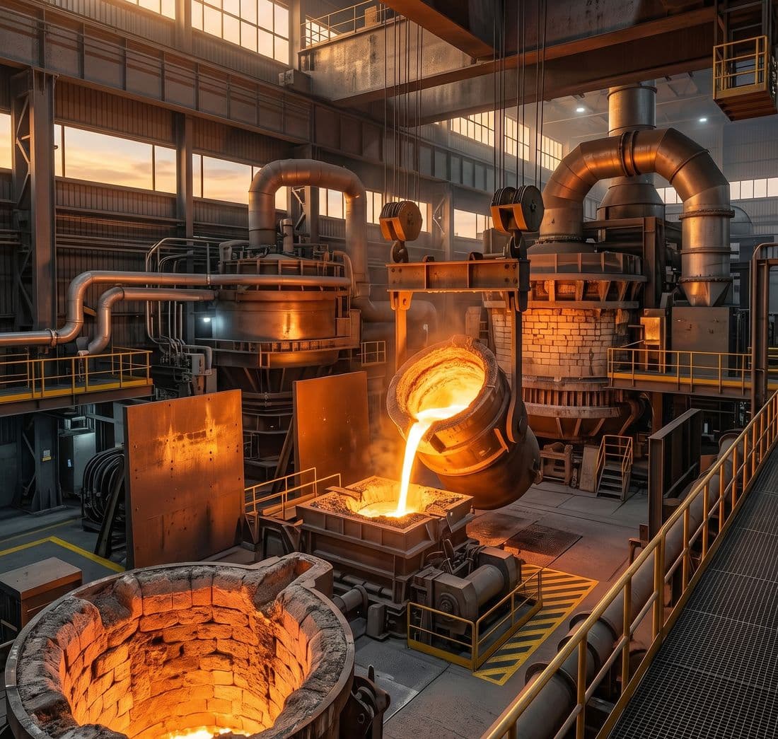 Molten steel being poured inside a steel plant