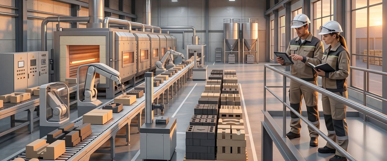 Engineers monitoring the refractory production line