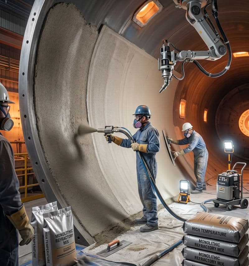 Technicians spray-applying a monolithic refractory lining