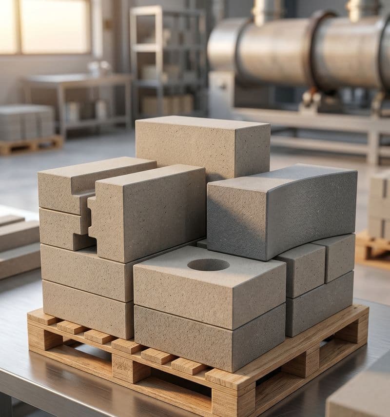 Stacked shaped refractory bricks on a pallet